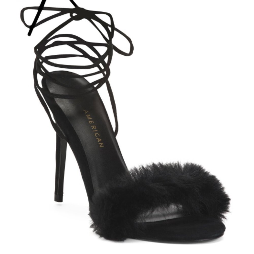 Good American Fluff Wrap Heeled Sandals Black Faux Fur Stiletto 4in Size 7